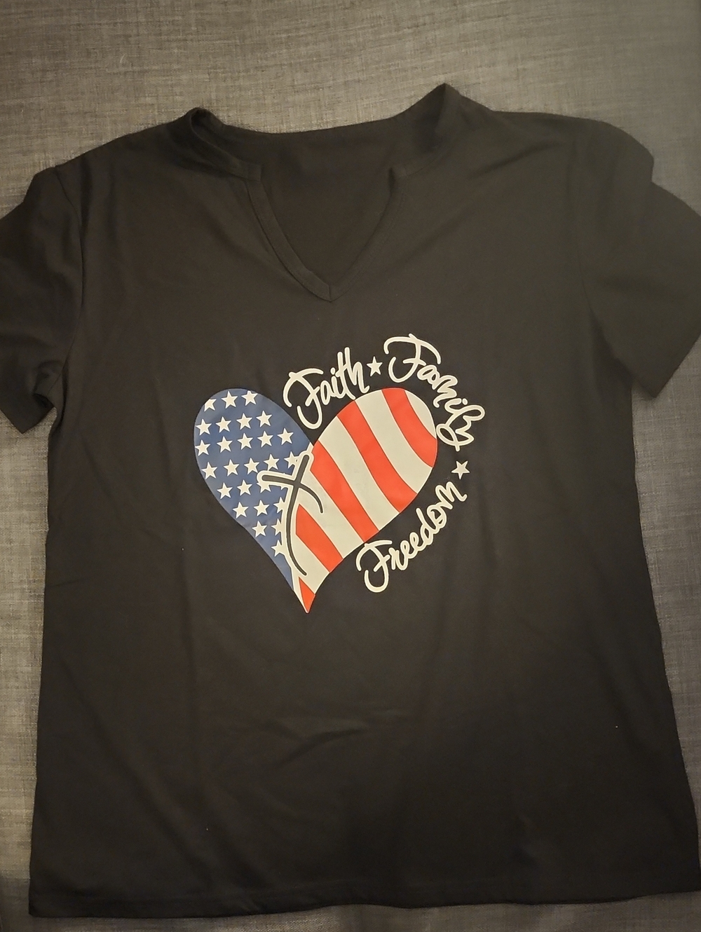 Black V-Neck Women’s Tee with American Heart Graphic